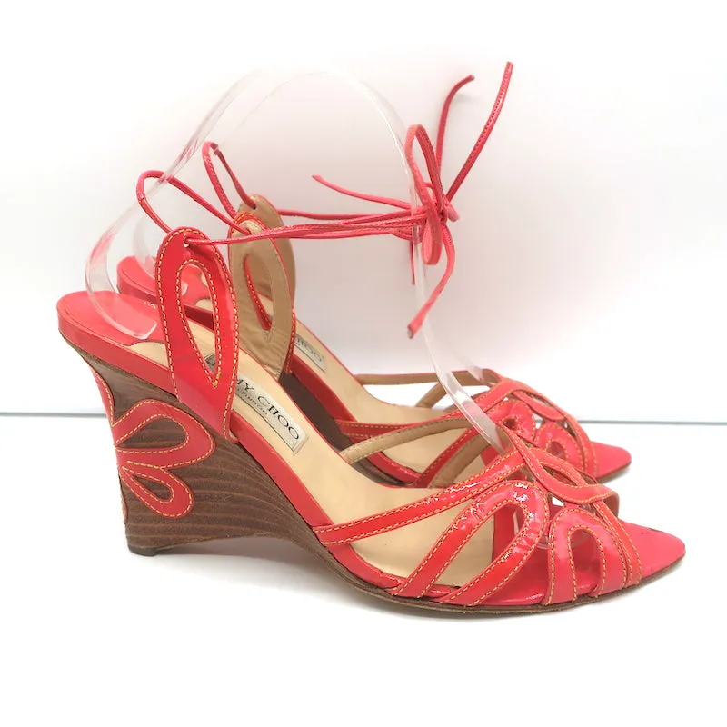 Jimmy Choo Wedge Sandals Coral Cutout Patent Leather Size 40 Ankle Tie Heels