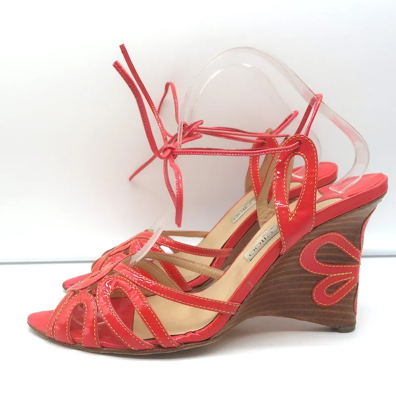 Jimmy Choo Wedge Sandals Coral Cutout Patent Leather Size 40 Ankle Tie Heels