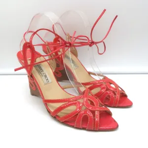 Jimmy Choo Wedge Sandals Coral Cutout Patent Leather Size 40 Ankle Tie Heels