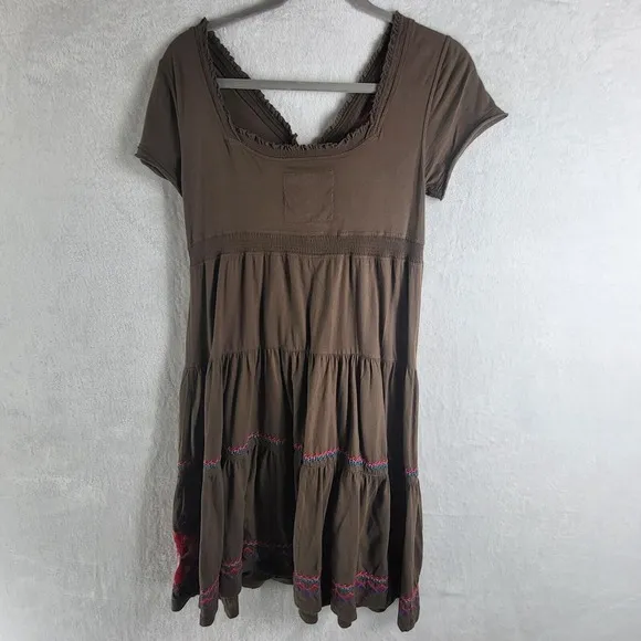 Johnny Was JW Los Angeles Embroidered Tiered Dress Floral Casual Brown Size S