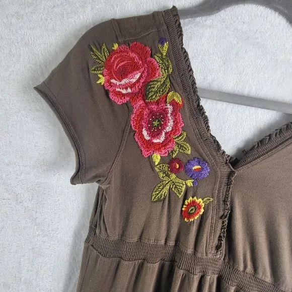 Johnny Was JW Los Angeles Embroidered Tiered Dress Floral Casual Brown Size S