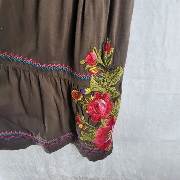Johnny Was JW Los Angeles Embroidered Tiered Dress Floral Casual Brown Size S