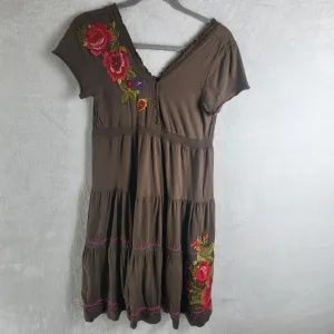 Johnny Was JW Los Angeles Embroidered Tiered Dress Floral Casual Brown Size S