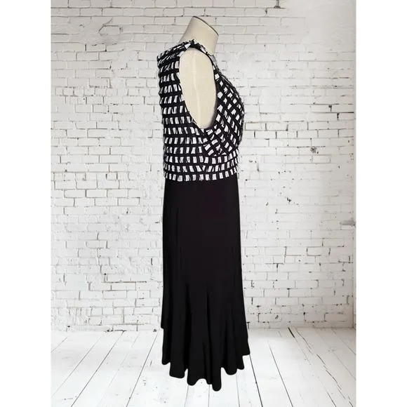 Joseph Ribkoff Dressy Pleated Ruffle Black &amp; White Career Midi Dress Size 12