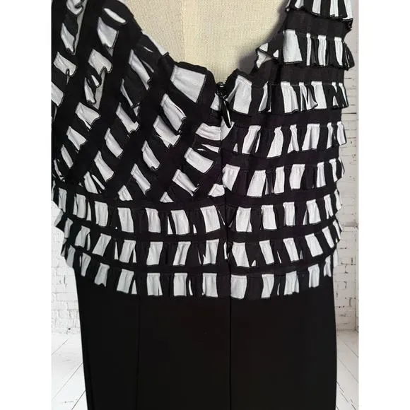 Joseph Ribkoff Dressy Pleated Ruffle Black &amp; White Career Midi Dress Size 12