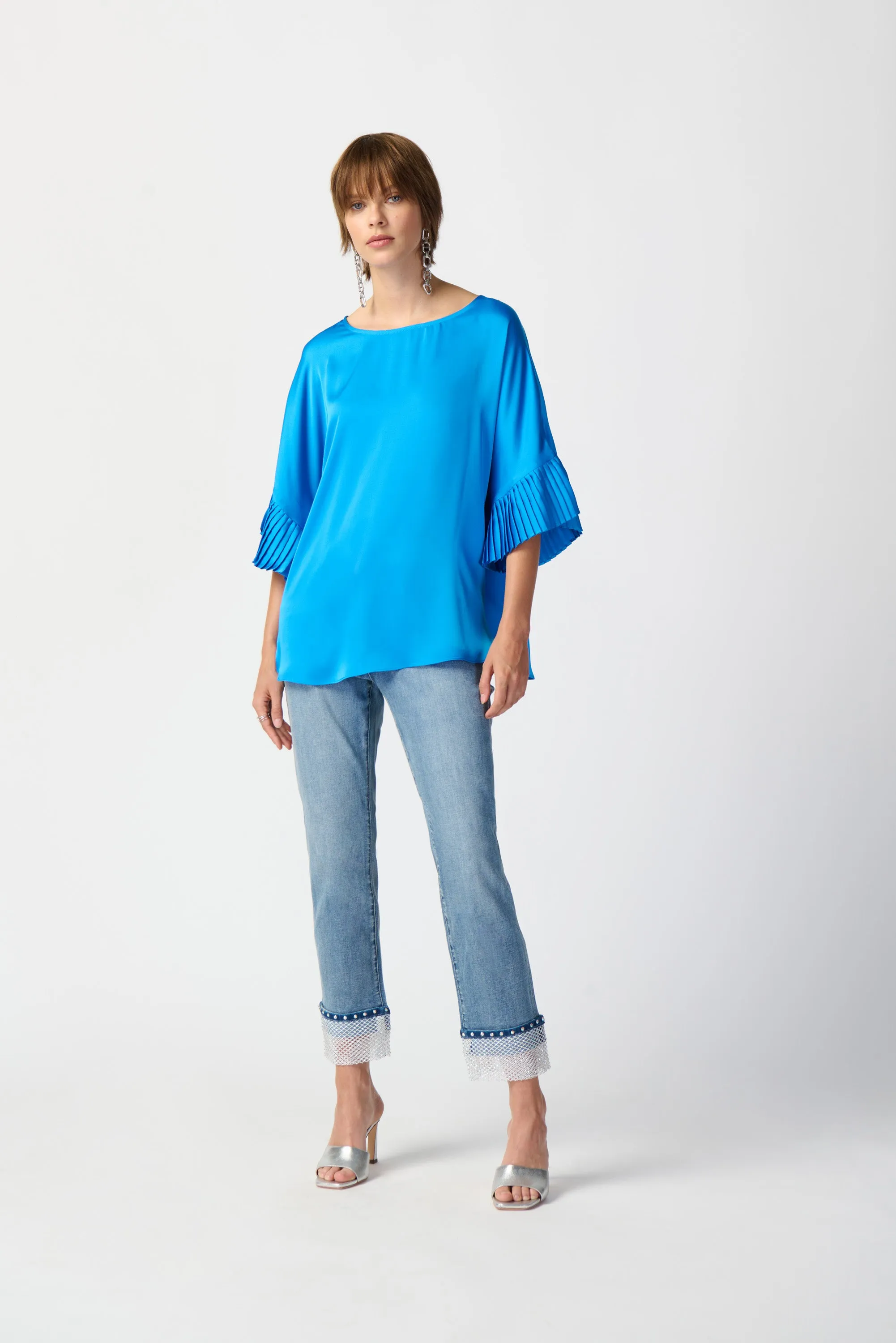 Joseph Ribkoff Satin Boxy Top with Statement Ruffle Sleeves
