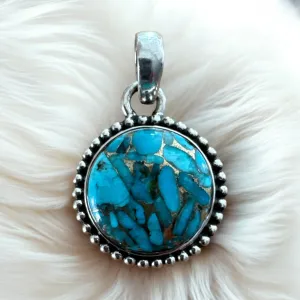 Kingman Blue Copper Turquoise Solid 925 Sterling Silver Pendant