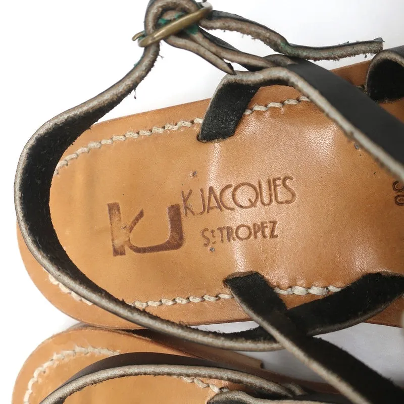K.Jacques Homere Slingback Thong Sandals Black Leather Size 38