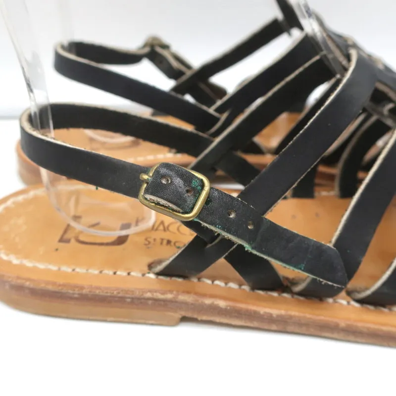 K.Jacques Homere Slingback Thong Sandals Black Leather Size 38