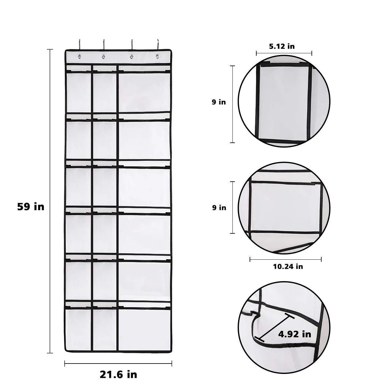 Kootek 2 Pack Over The Door Shoe Organizers, 12 Mesh Pockets   6 Large Mesh Storage Various Compartments Hanging Shoe Organizer with 8 Hooks Shoes Holder for Closet Bedroom, White (59 x 21.6 inch)