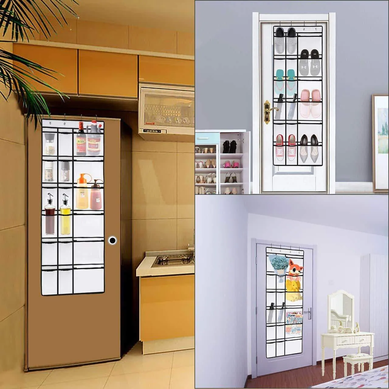 Kootek 2 Pack Over The Door Shoe Organizers, 12 Mesh Pockets   6 Large Mesh Storage Various Compartments Hanging Shoe Organizer with 8 Hooks Shoes Holder for Closet Bedroom, White (59 x 21.6 inch)