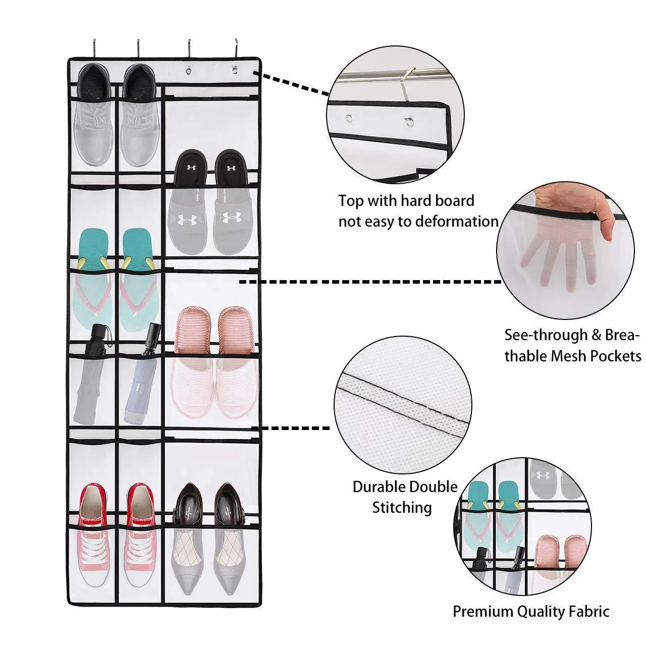 Kootek 2 Pack Over The Door Shoe Organizers, 12 Mesh Pockets   6 Large Mesh Storage Various Compartments Hanging Shoe Organizer with 8 Hooks Shoes Holder for Closet Bedroom, White (59 x 21.6 inch)