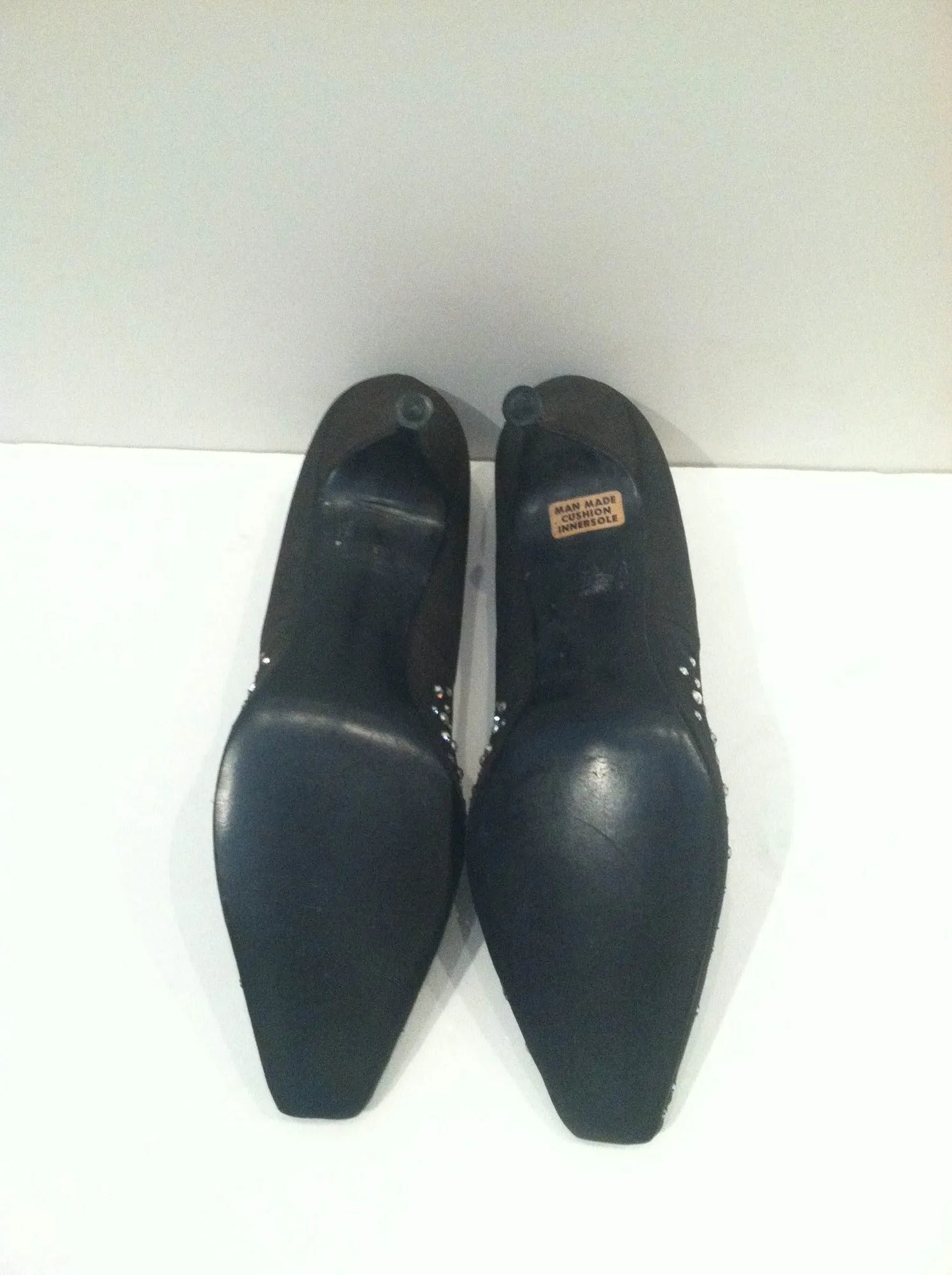 LA ROSE Vintage Black Silk Pointed Toe Heels with Gorgeous Rhinestone Detail Size 8 1/2