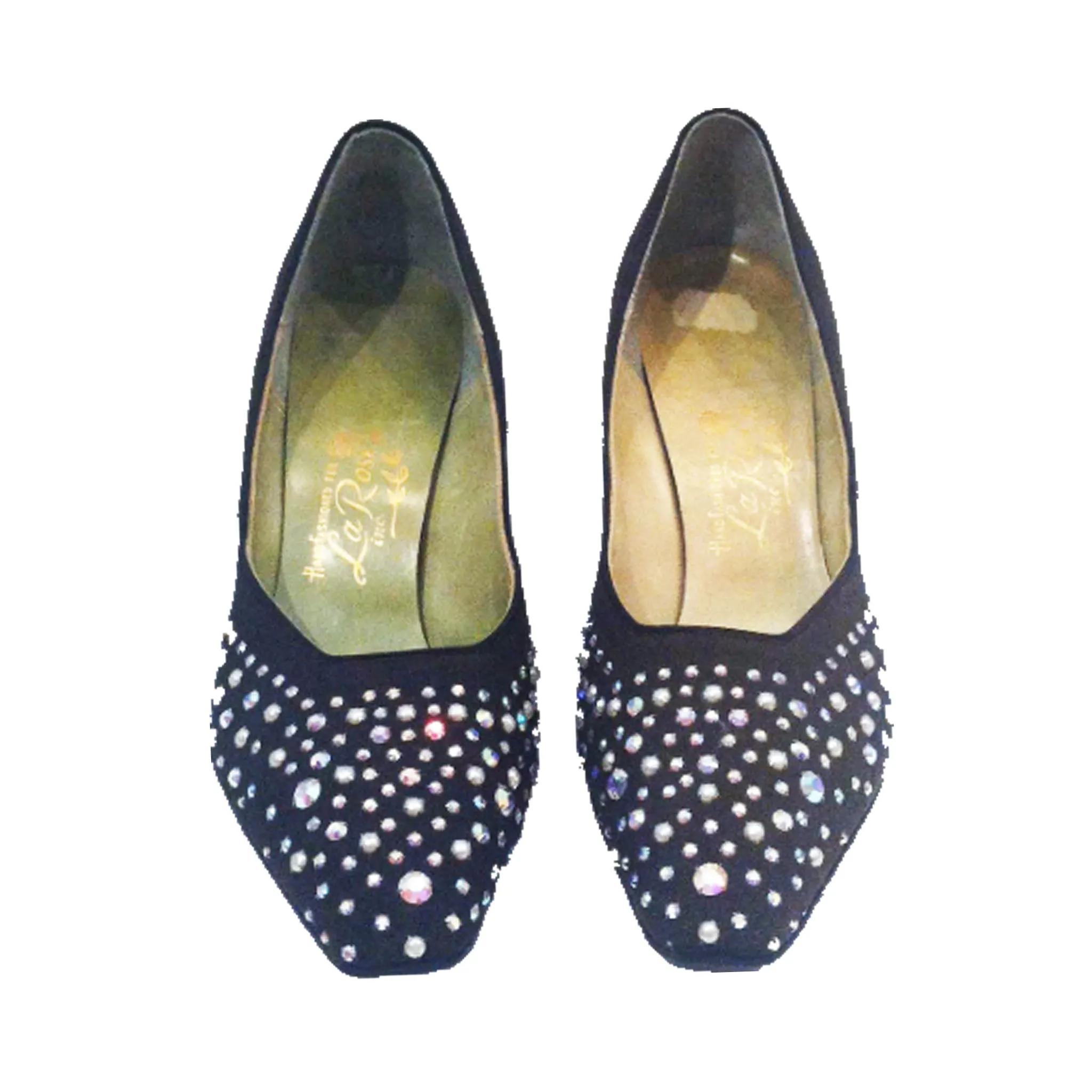 LA ROSE Vintage Black Silk Pointed Toe Heels with Gorgeous Rhinestone Detail Size 8 1/2