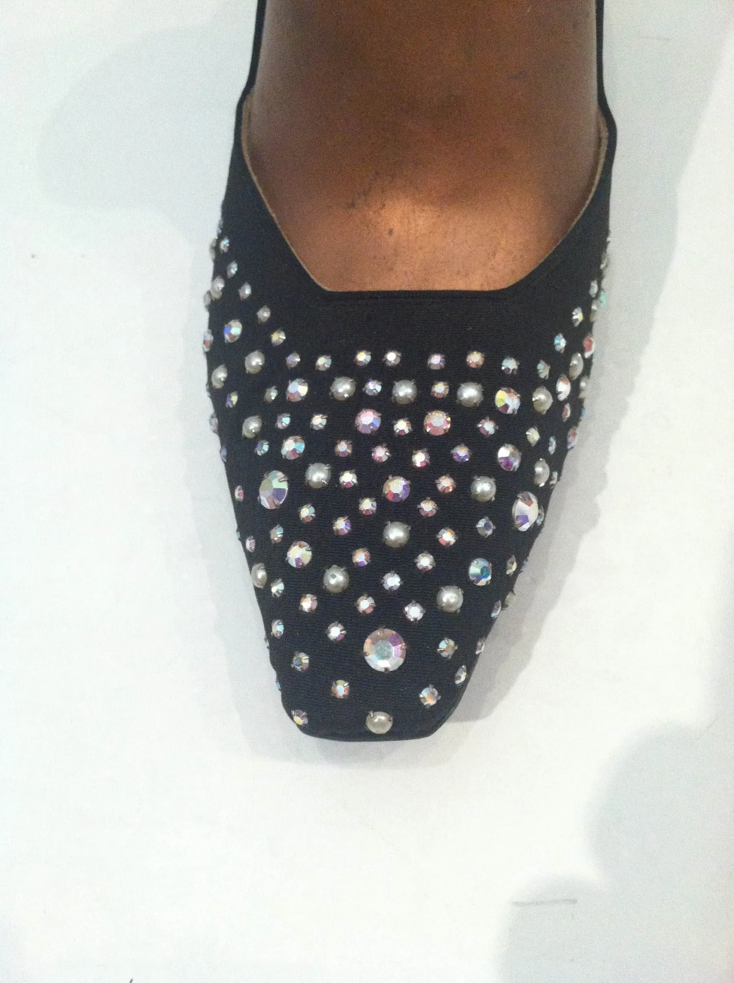 LA ROSE Vintage Black Silk Pointed Toe Heels with Gorgeous Rhinestone Detail Size 8 1/2