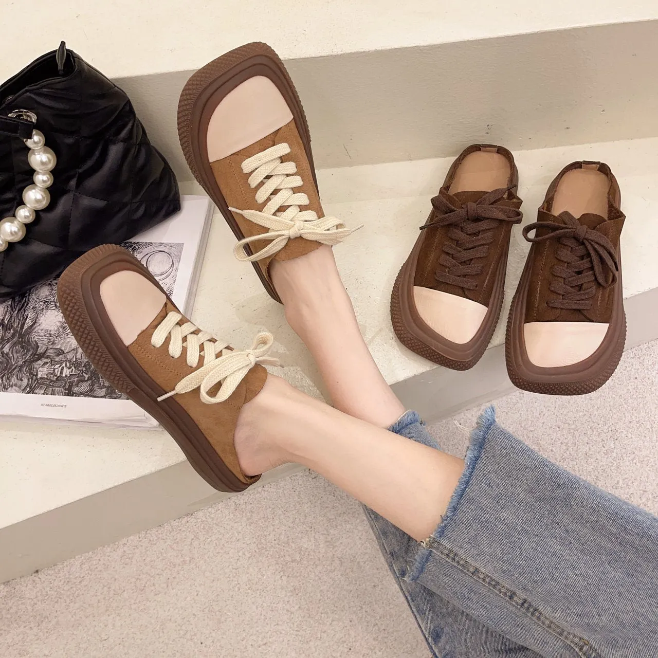 Lace-up Baotou Half Slippers Female Korean Style Square Toe Half Slippers