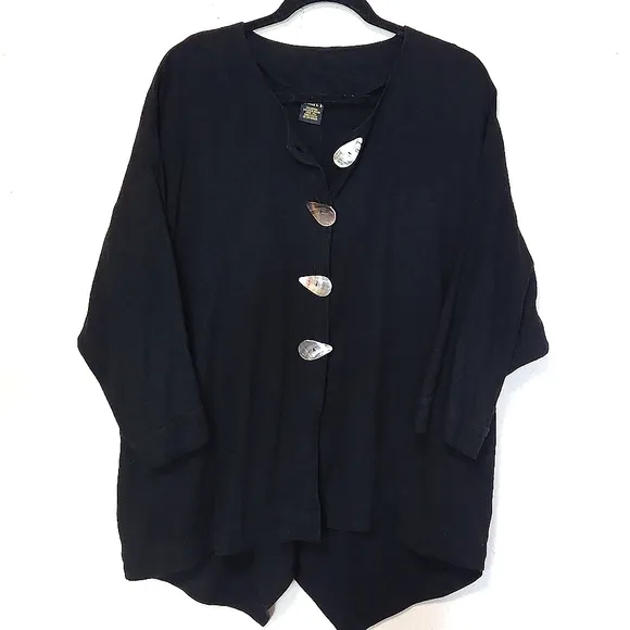 Ladri's Linen Abalone Shell Button Black Lightweight Shirt Jacket One Size