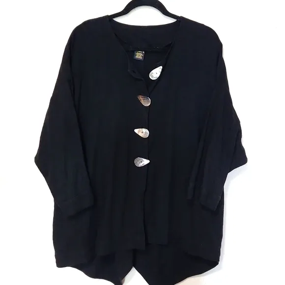 Ladri's Linen Abalone Shell Button Black Lightweight Shirt Jacket One Size