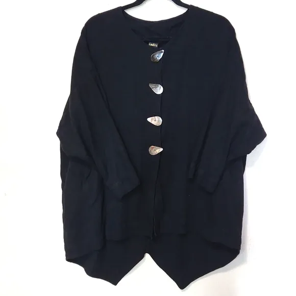 Ladri's Linen Abalone Shell Button Black Lightweight Shirt Jacket One Size