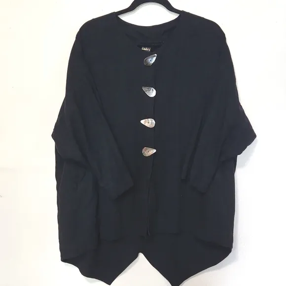 Ladri's Linen Abalone Shell Button Black Lightweight Shirt Jacket One Size