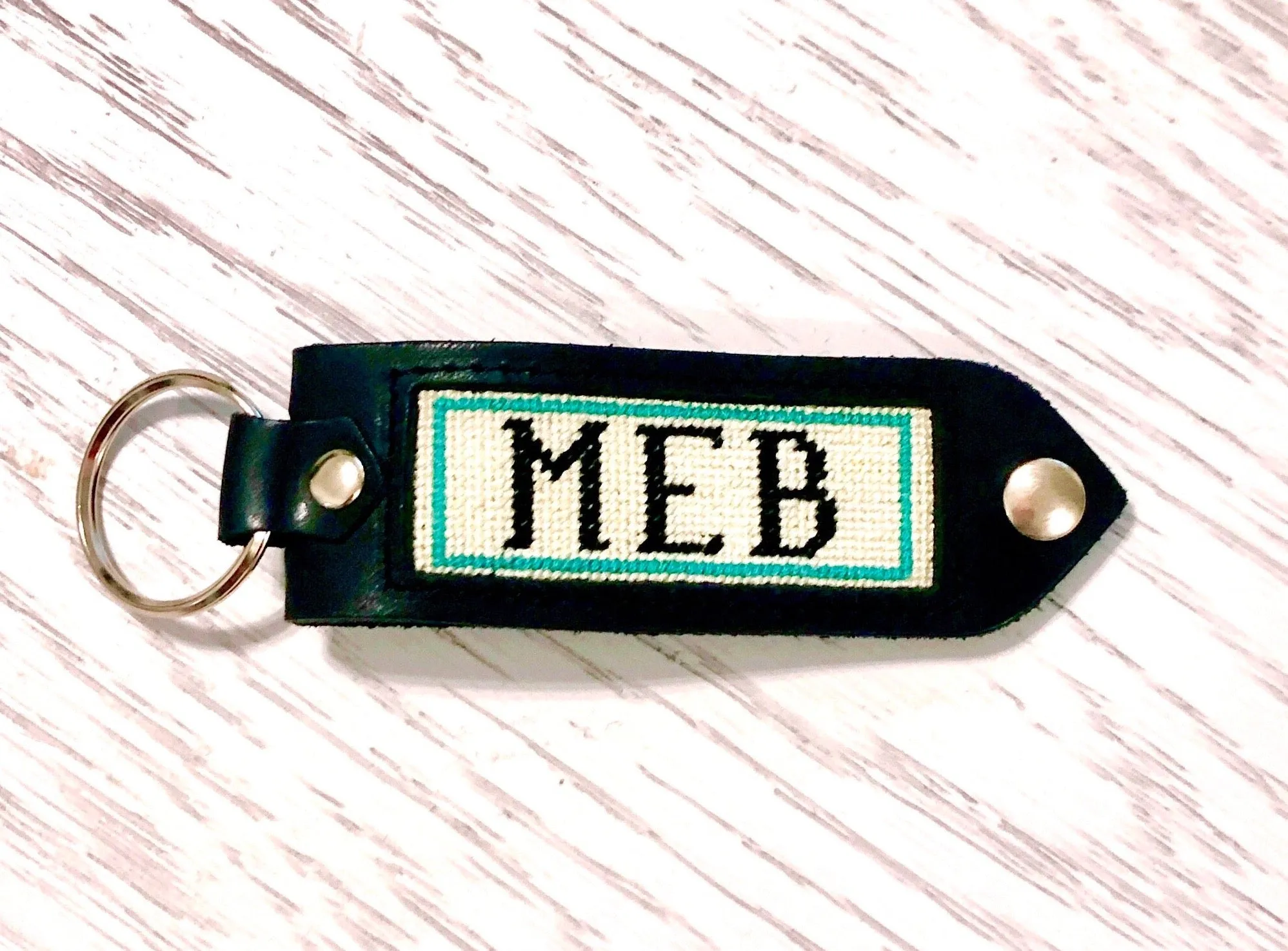 Leather, Needlepoint Keychain - Bordered Initial Keychain
