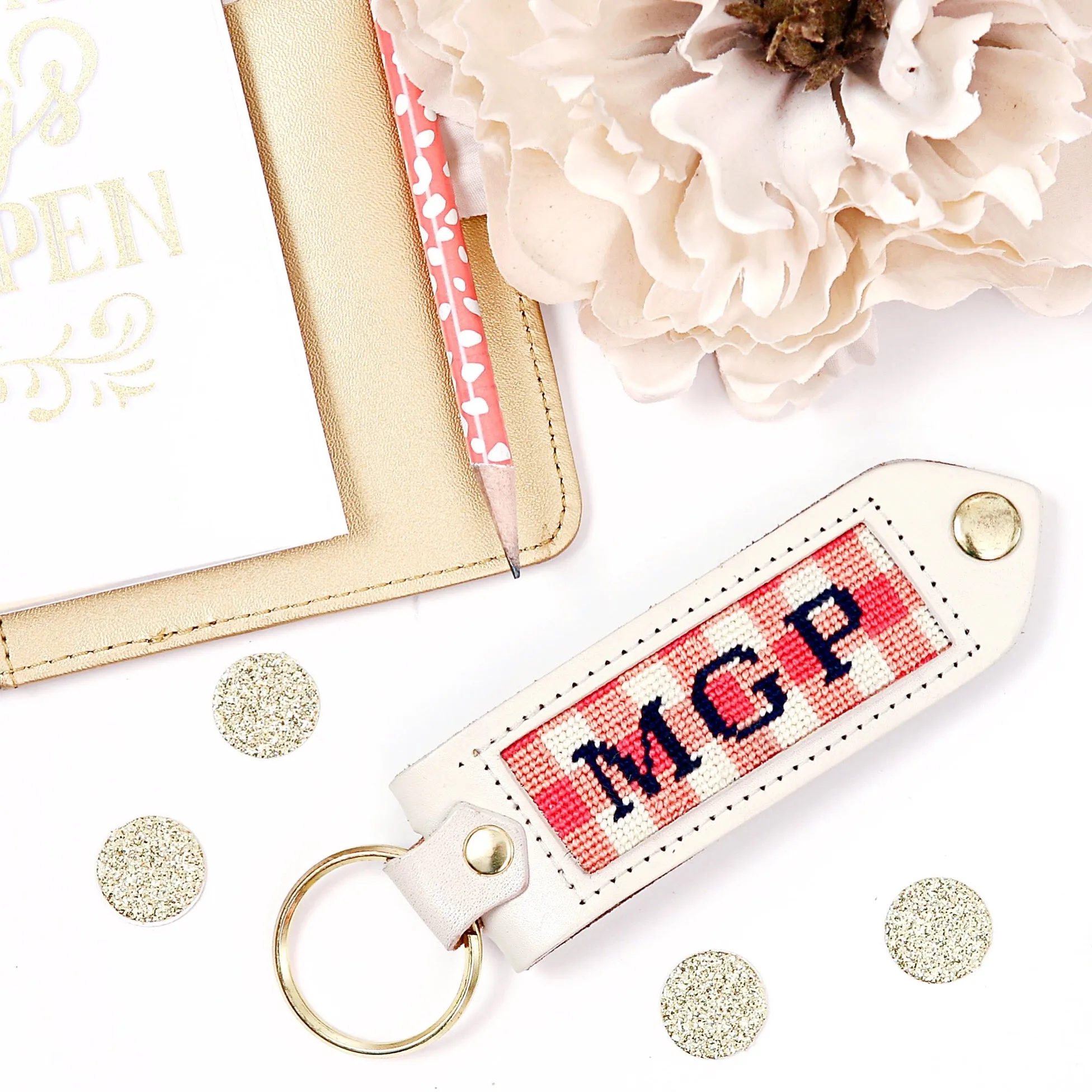 Leather, Needlepoint Keychain - Gingham Initial Keychain