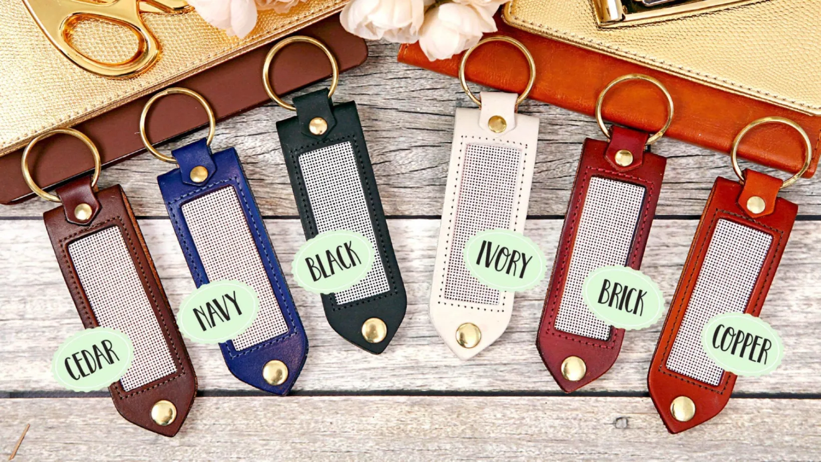 Leather, Needlepoint Keychain - Houndstooth Initial Keychain