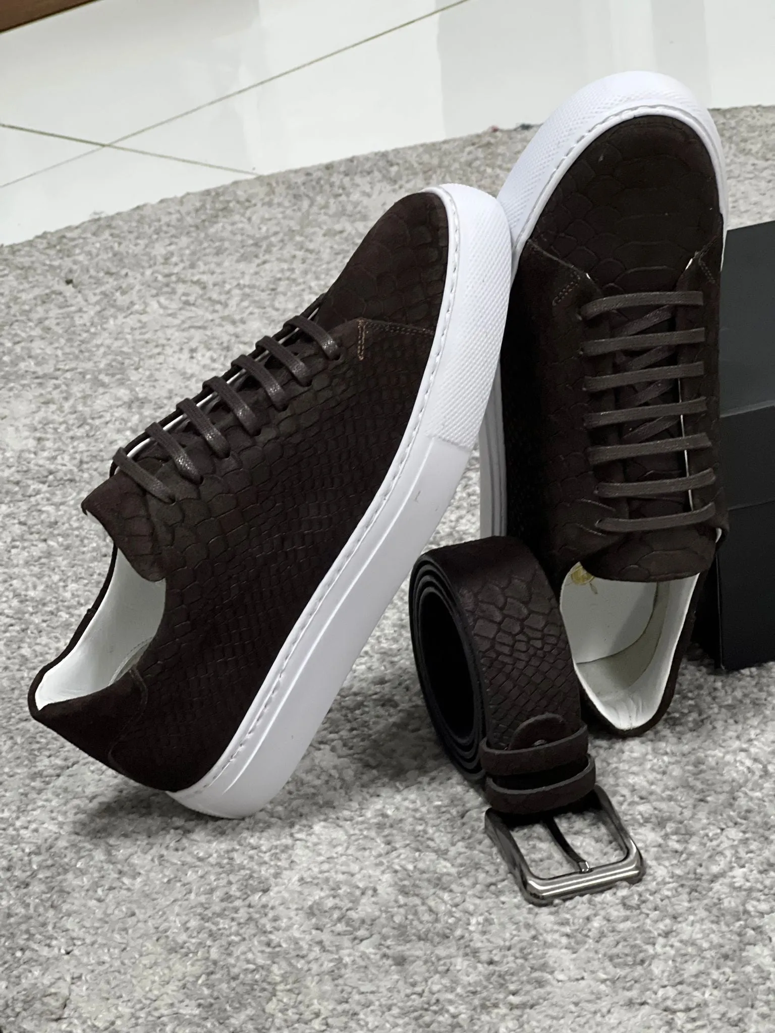 Lenzi Special Edition Suede Print Leather Brown Sneakers