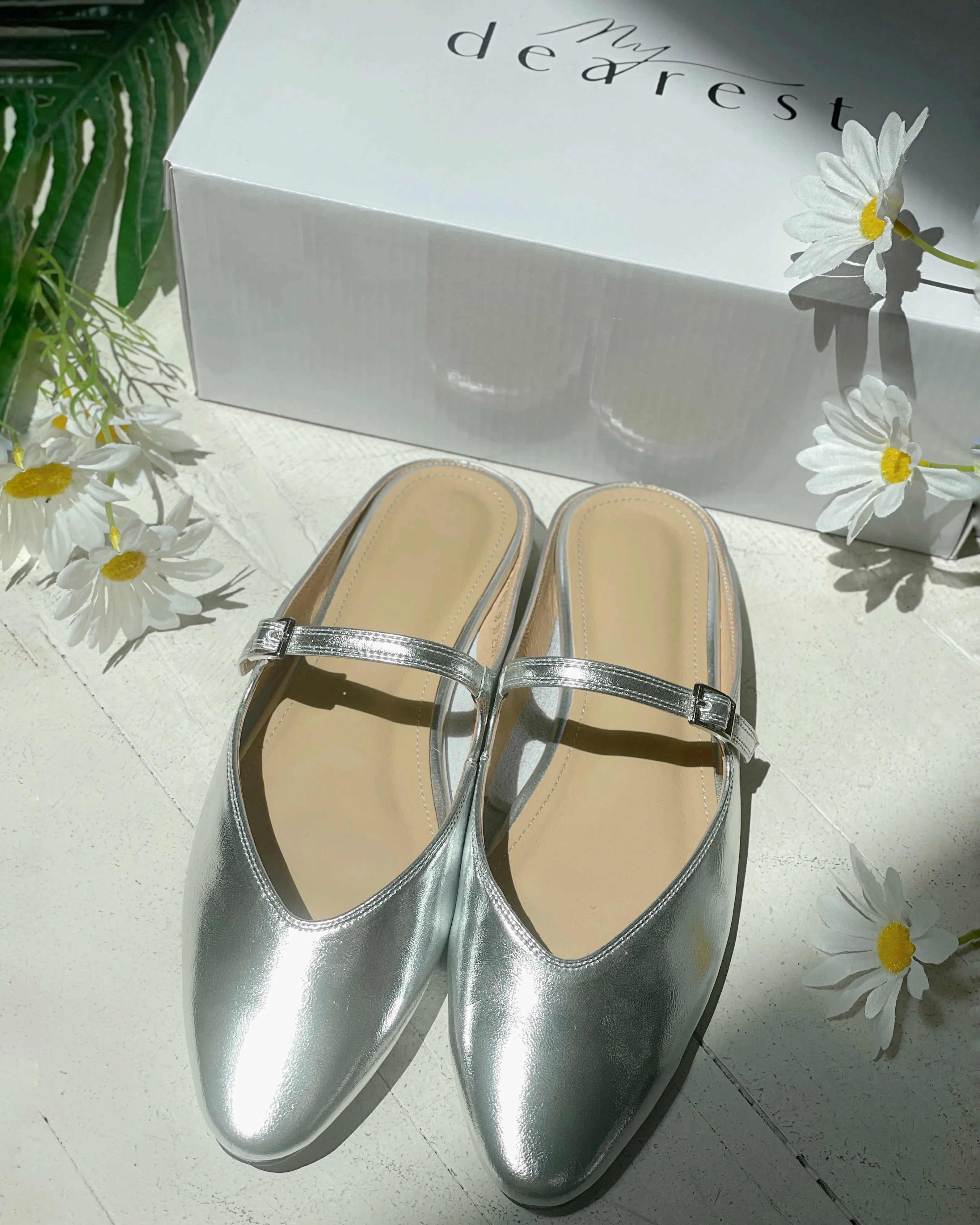 Lily Leather Slippers - Silver