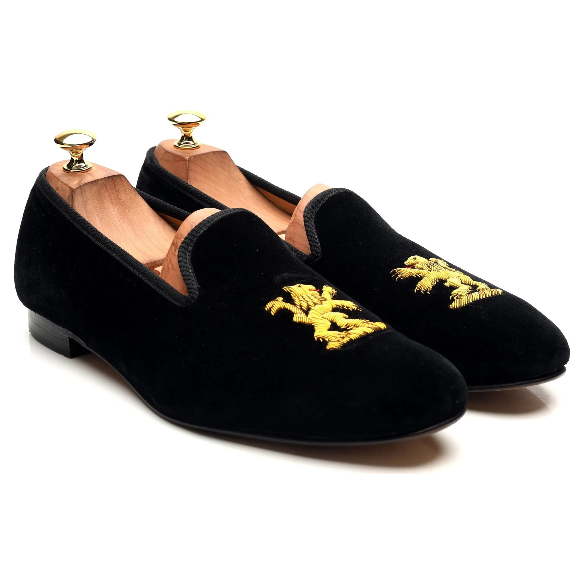 'Lion' Black Velvet Slippers UK 10.5