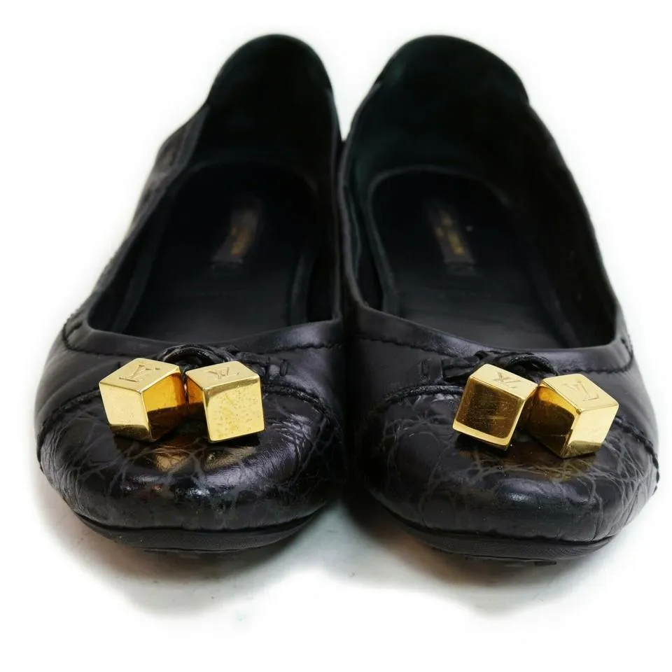 Louis Vuitton Size 36.5 Womens Black LEather Gold Dice Cube Ballerina Flats 862898
