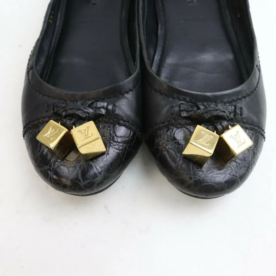 Louis Vuitton Size 36.5 Womens Black LEather Gold Dice Cube Ballerina Flats 862898