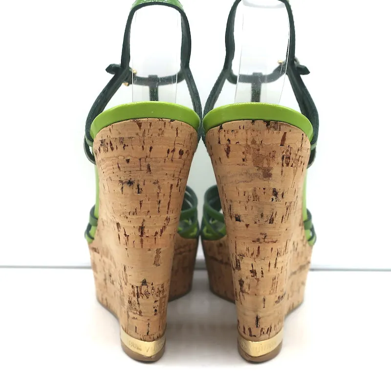 Louis Vuitton Summertime Cork Wedge Sandals Green Patent Leather Size 37.5