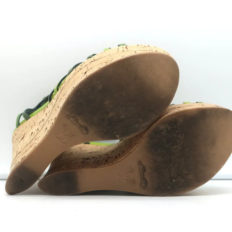 Louis Vuitton Summertime Cork Wedge Sandals Green Patent Leather Size 37.5