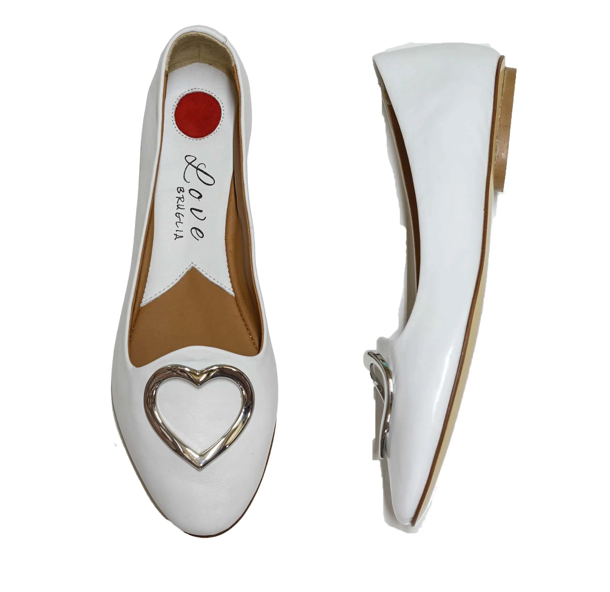 Love Bruglia Women’s White Leather Heart Flat Shoe 7324