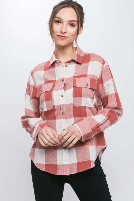 Love Tree Lightweight Plaid Button Down Top