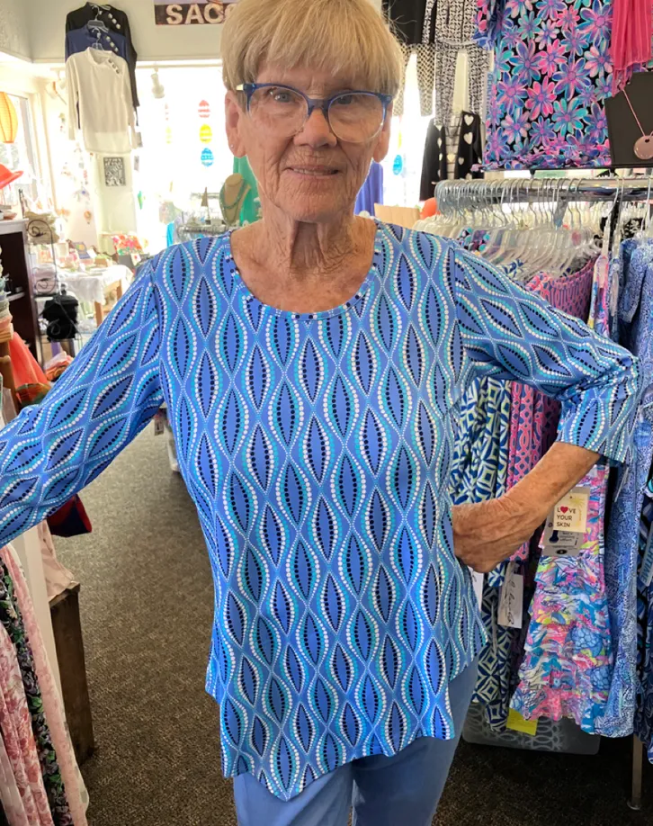 LuLu B Asymmetrical 3/4 Sleeve Shirt with UPF 50  and Coolant in the Fabric