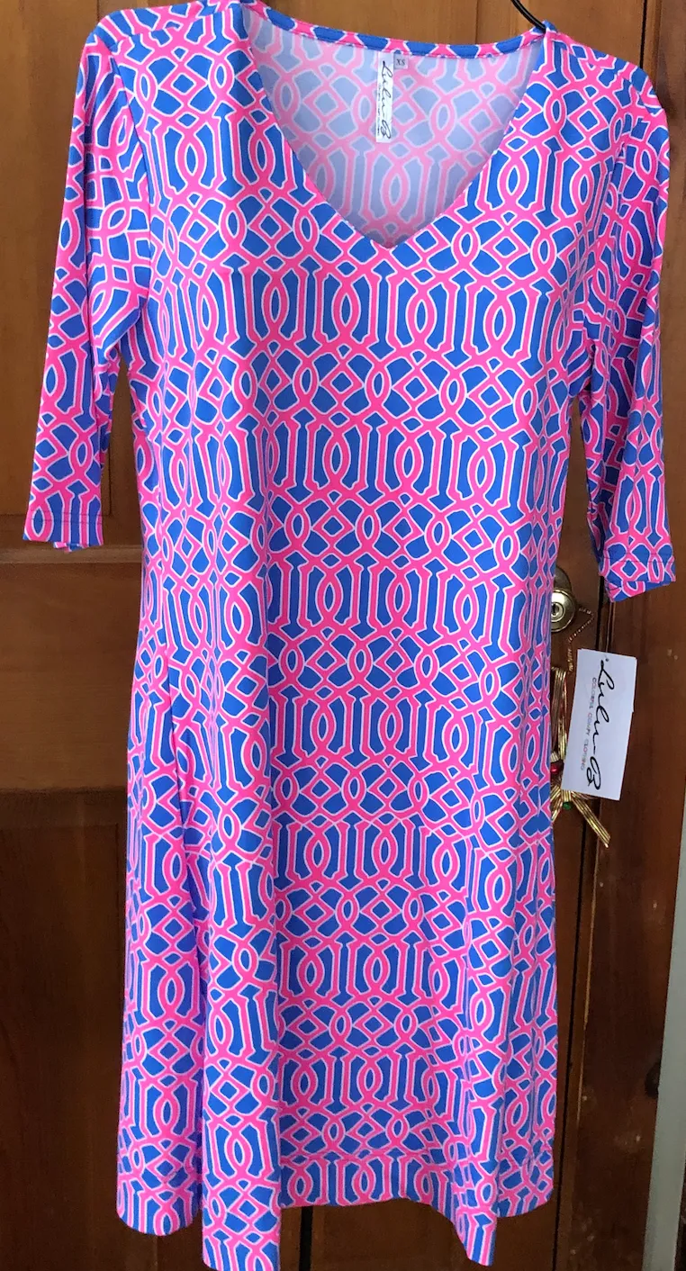 LuluB Elbow Sleeve V-Neck Travel Dress with UPF 50  and Coolant in Fabric