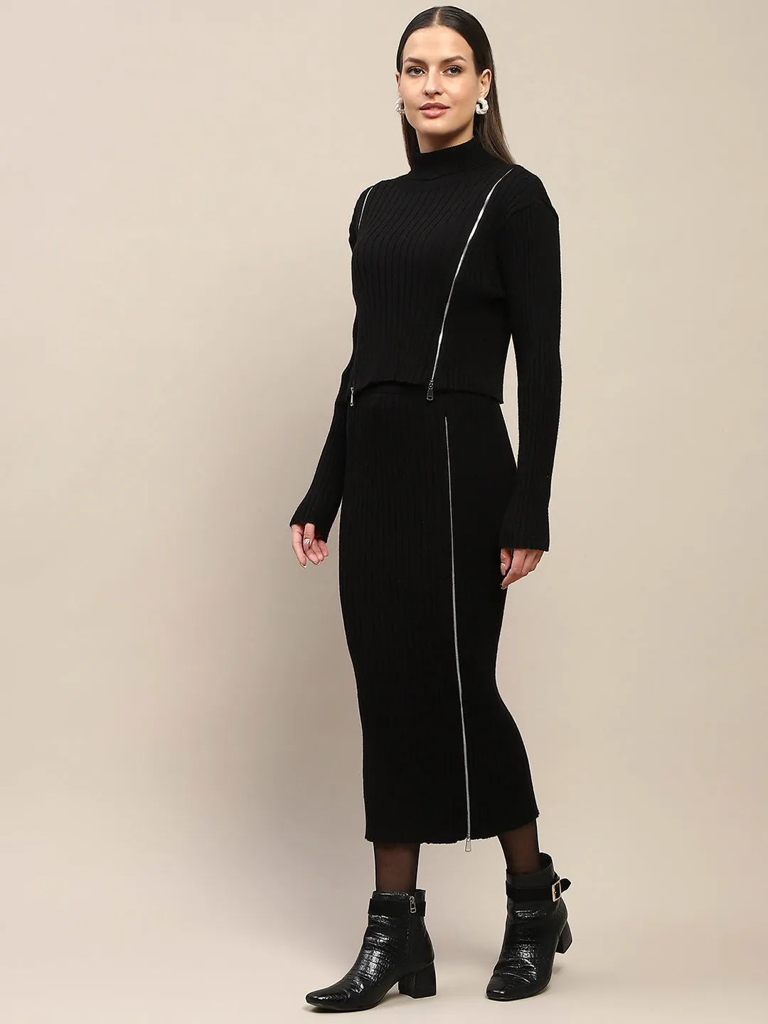 Madame Ribbed Zip Detailed Top and Skirt Black Ensemble