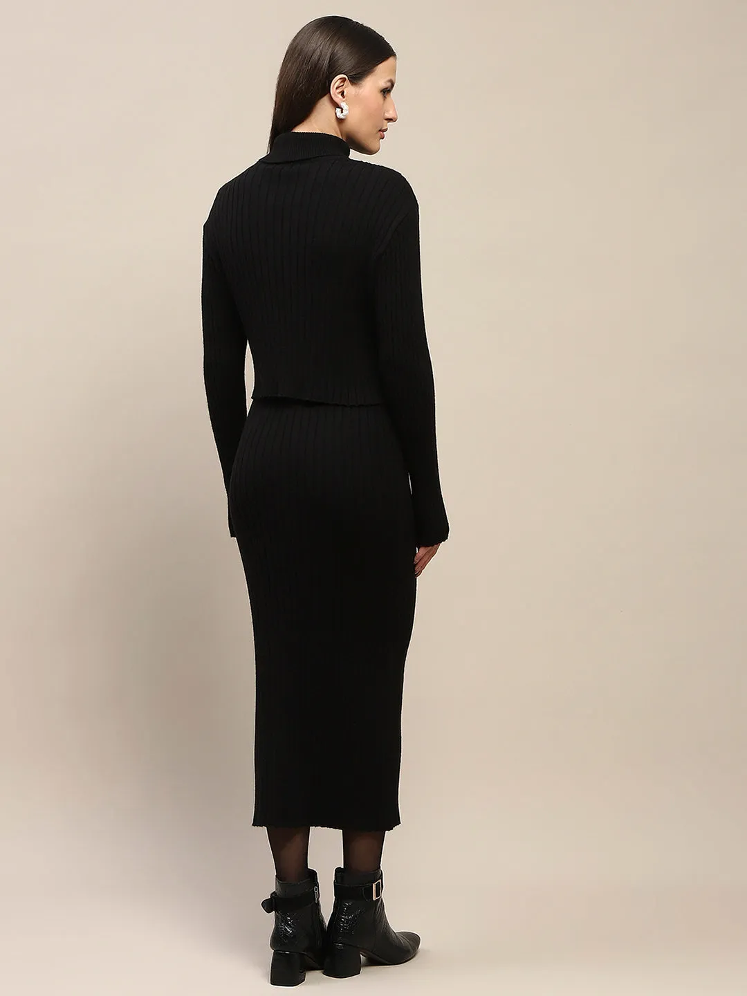 Madame Ribbed Zip Detailed Top and Skirt Black Ensemble