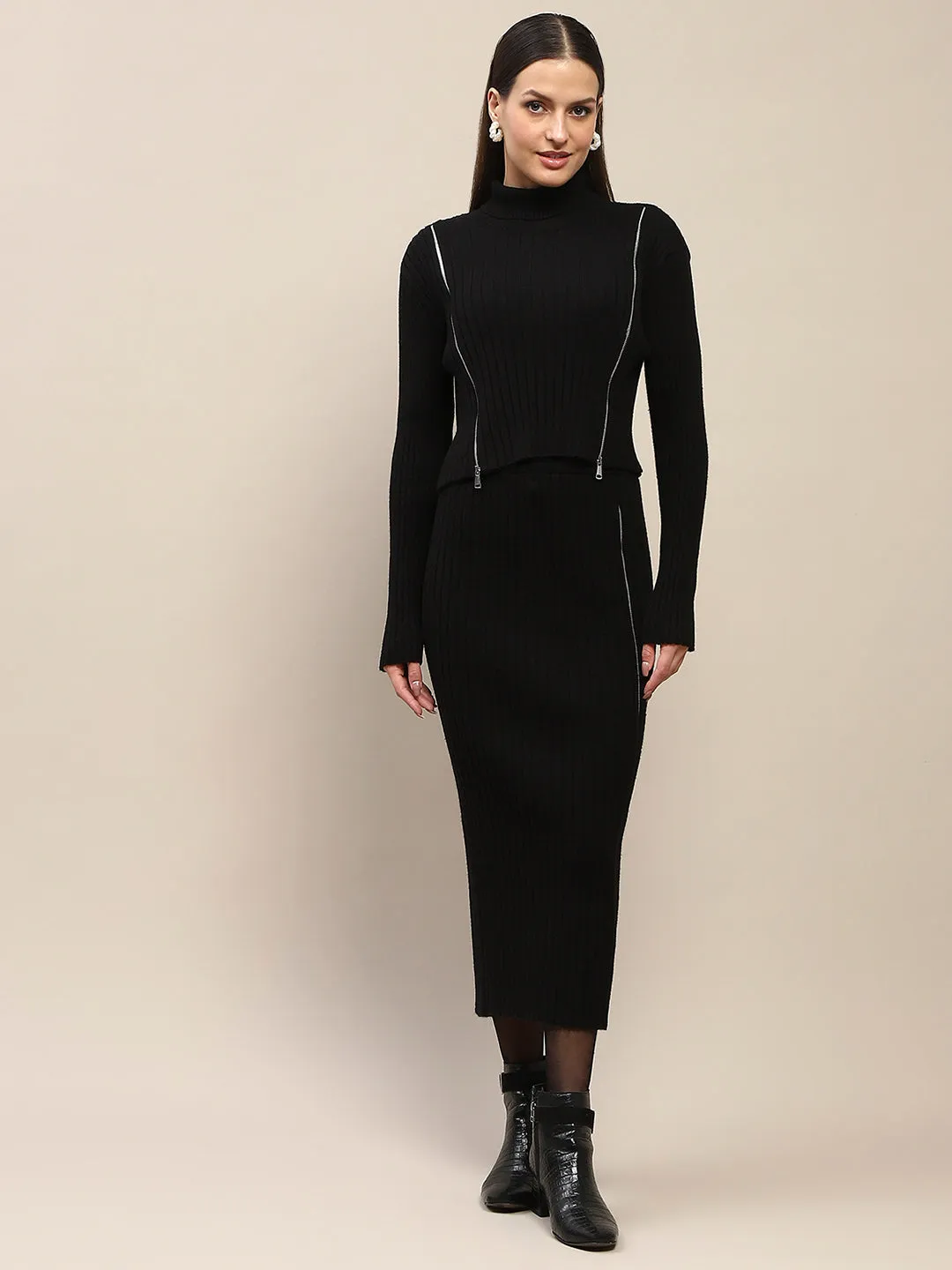 Madame Ribbed Zip Detailed Top and Skirt Black Ensemble