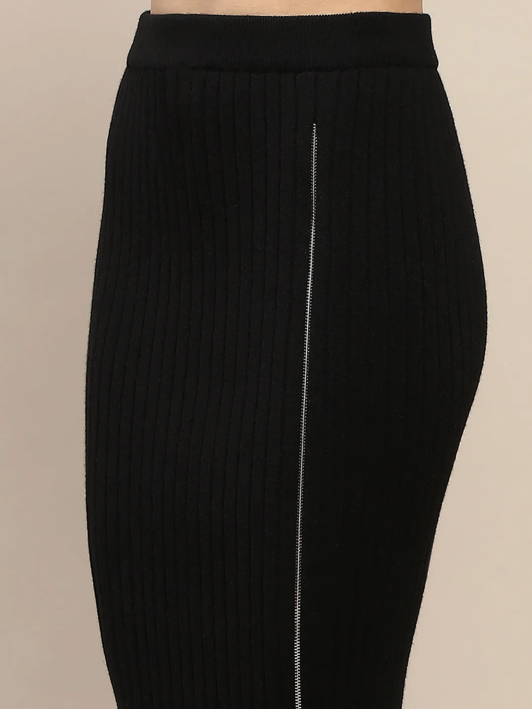 Madame Ribbed Zip Detailed Top and Skirt Black Ensemble