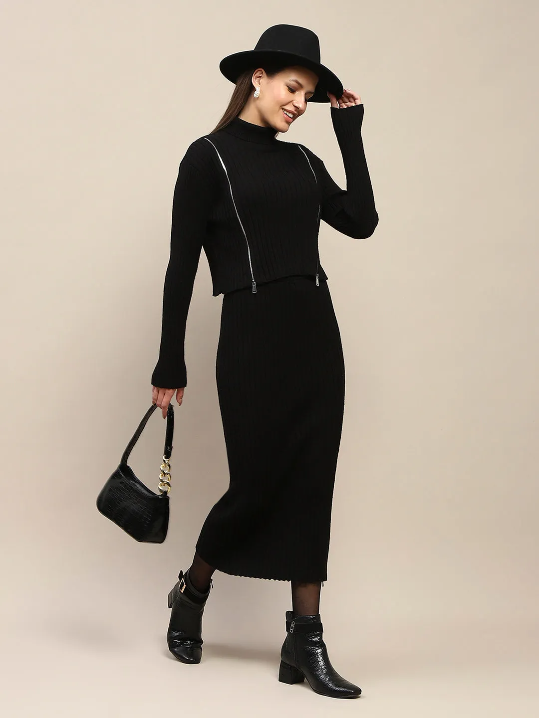 Madame Ribbed Zip Detailed Top and Skirt Black Ensemble