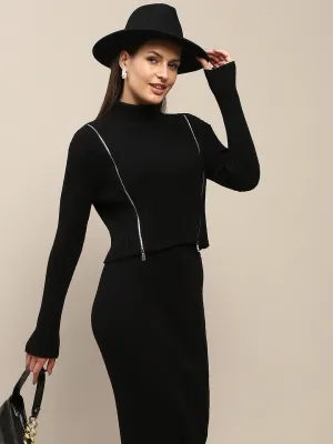 Madame Ribbed Zip Detailed Top and Skirt Black Ensemble