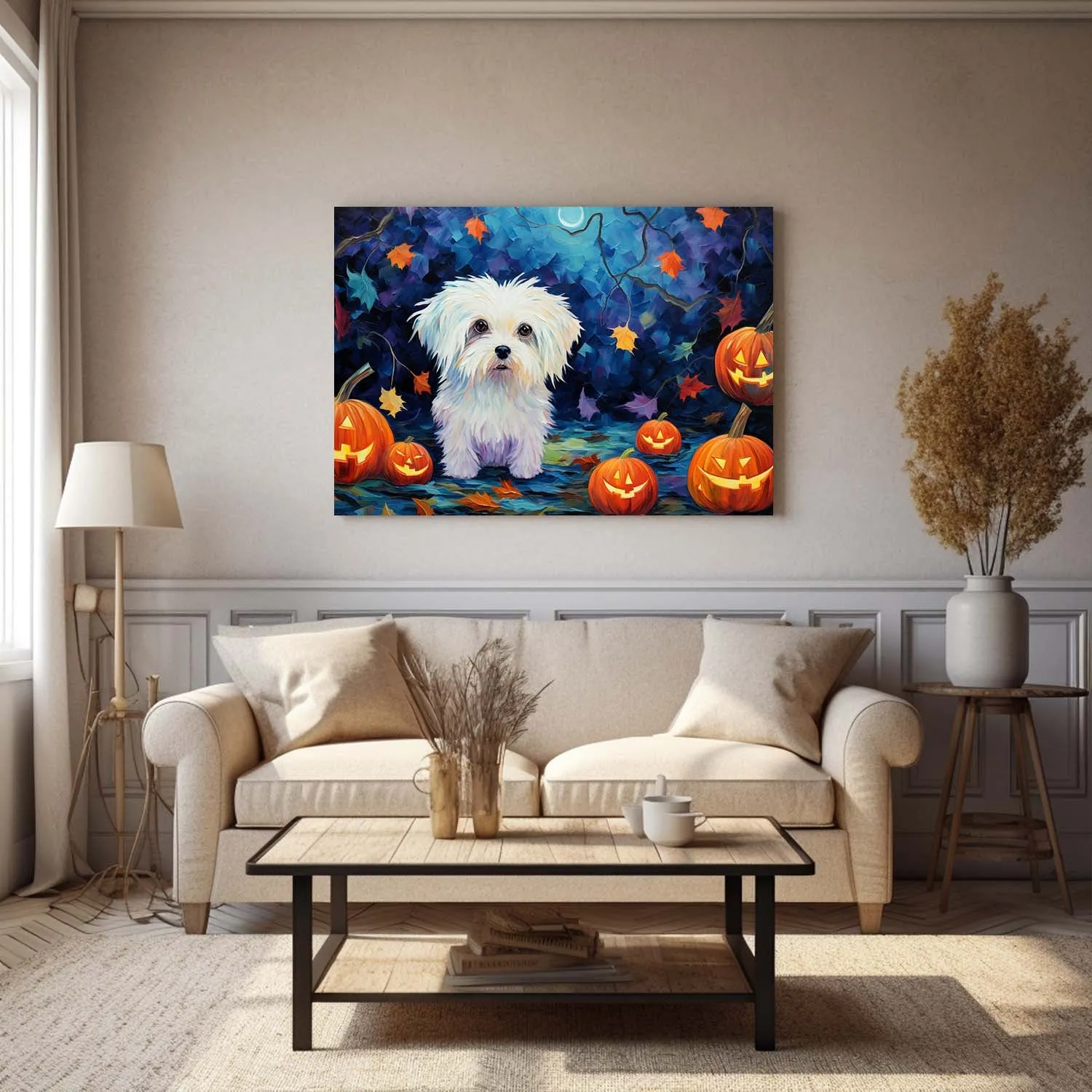 Maltese Dog 03 Halloween With Pumpkin Oil Painting Van Goh Style, Wooden Canvas Prints Wall Art Painting , Canvas 3d Art