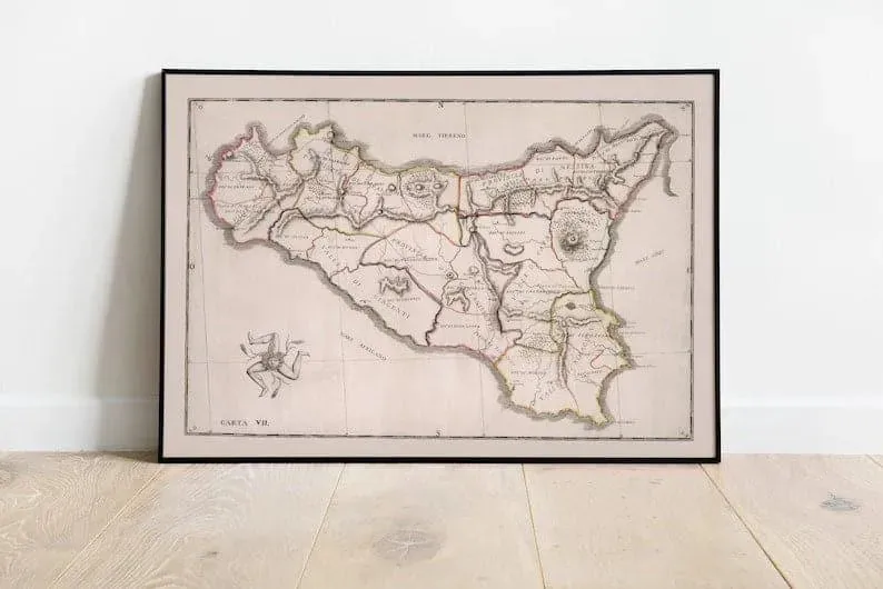 Map of island of Sicily| Vintage Sicily Map Print