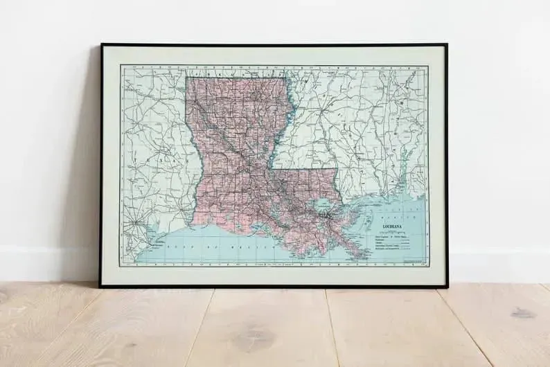 Map of State of Louisiana| Vintage Louisiana Map Print