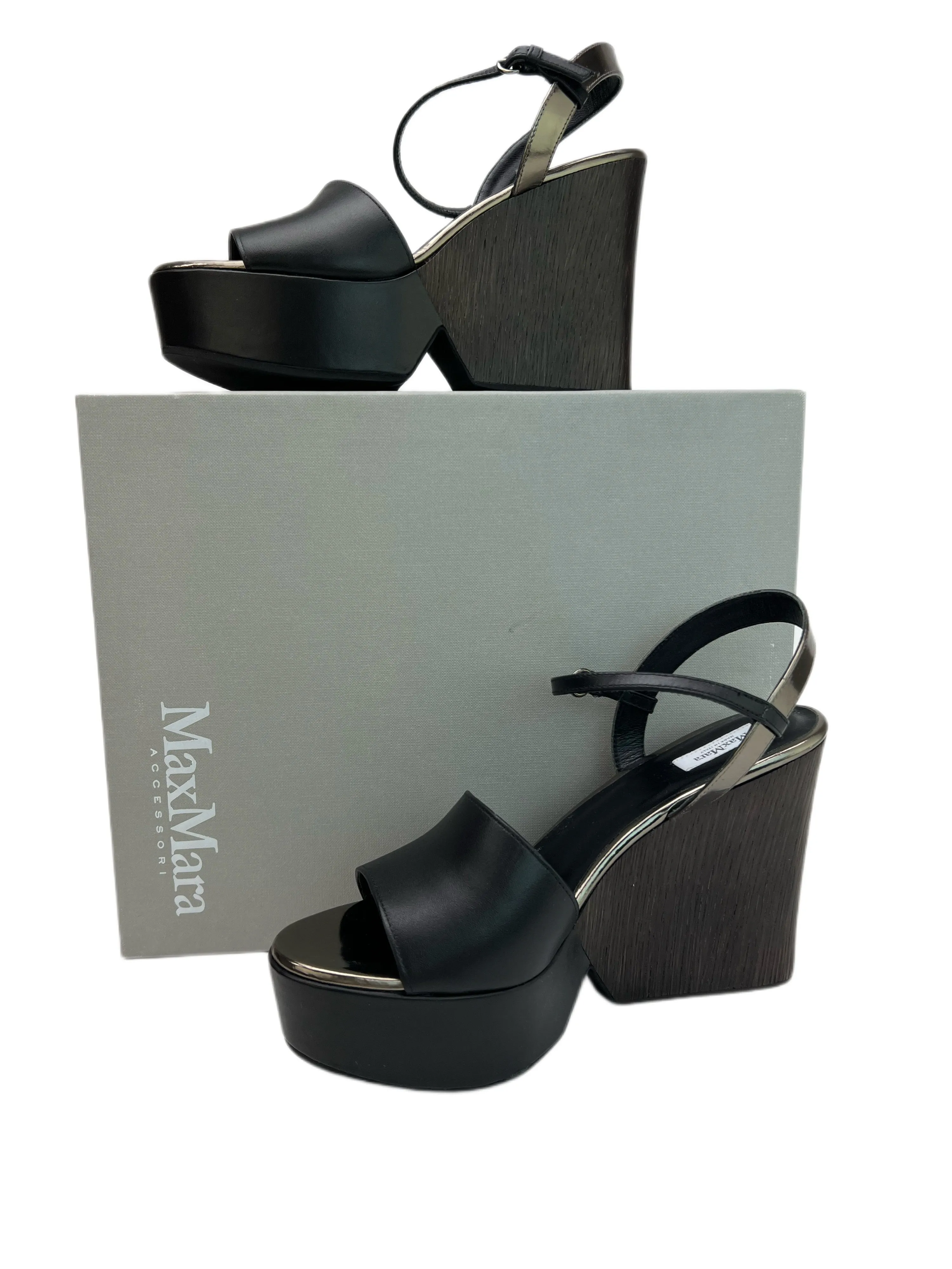 Max Mara Women's Nero Matteo Ankle Strap Wedge Sandals NWB
