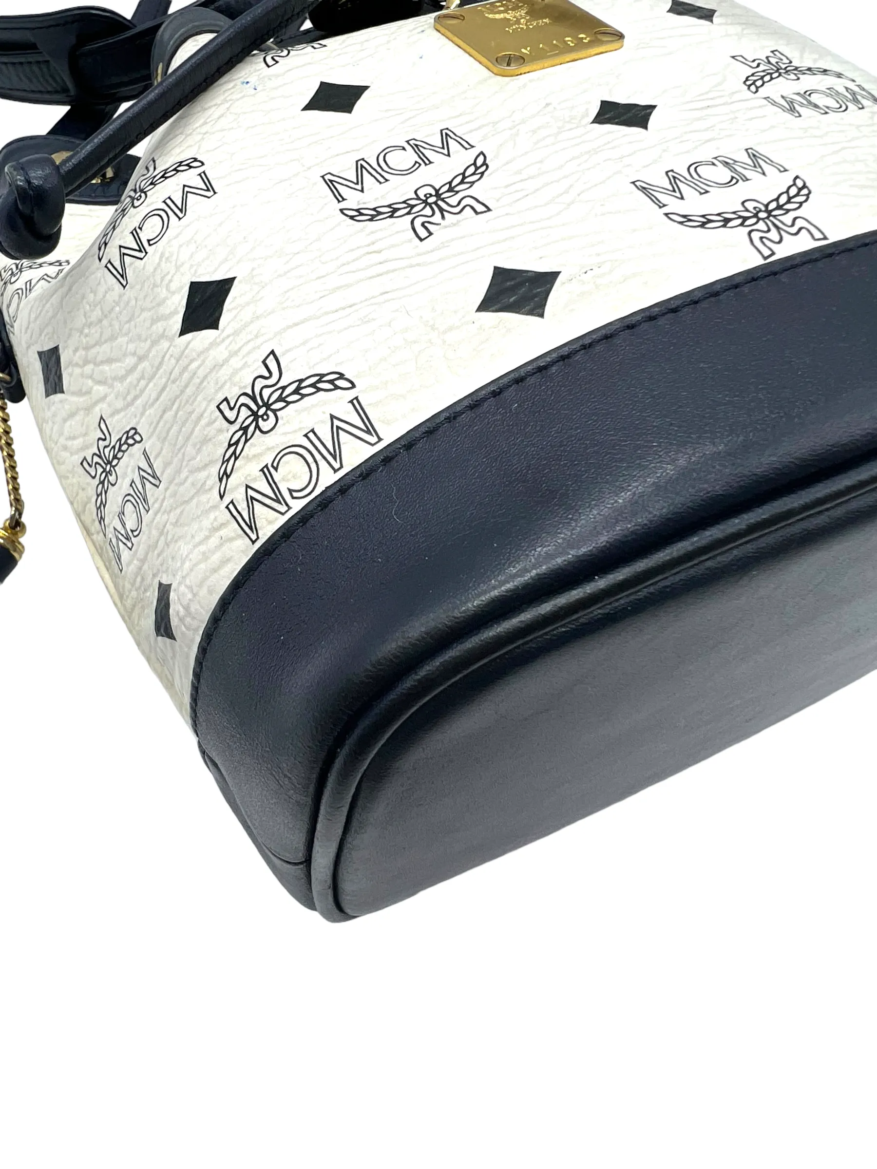 MCM Vintage White Navy Heritage Visetos Mini Bucket Crossbody