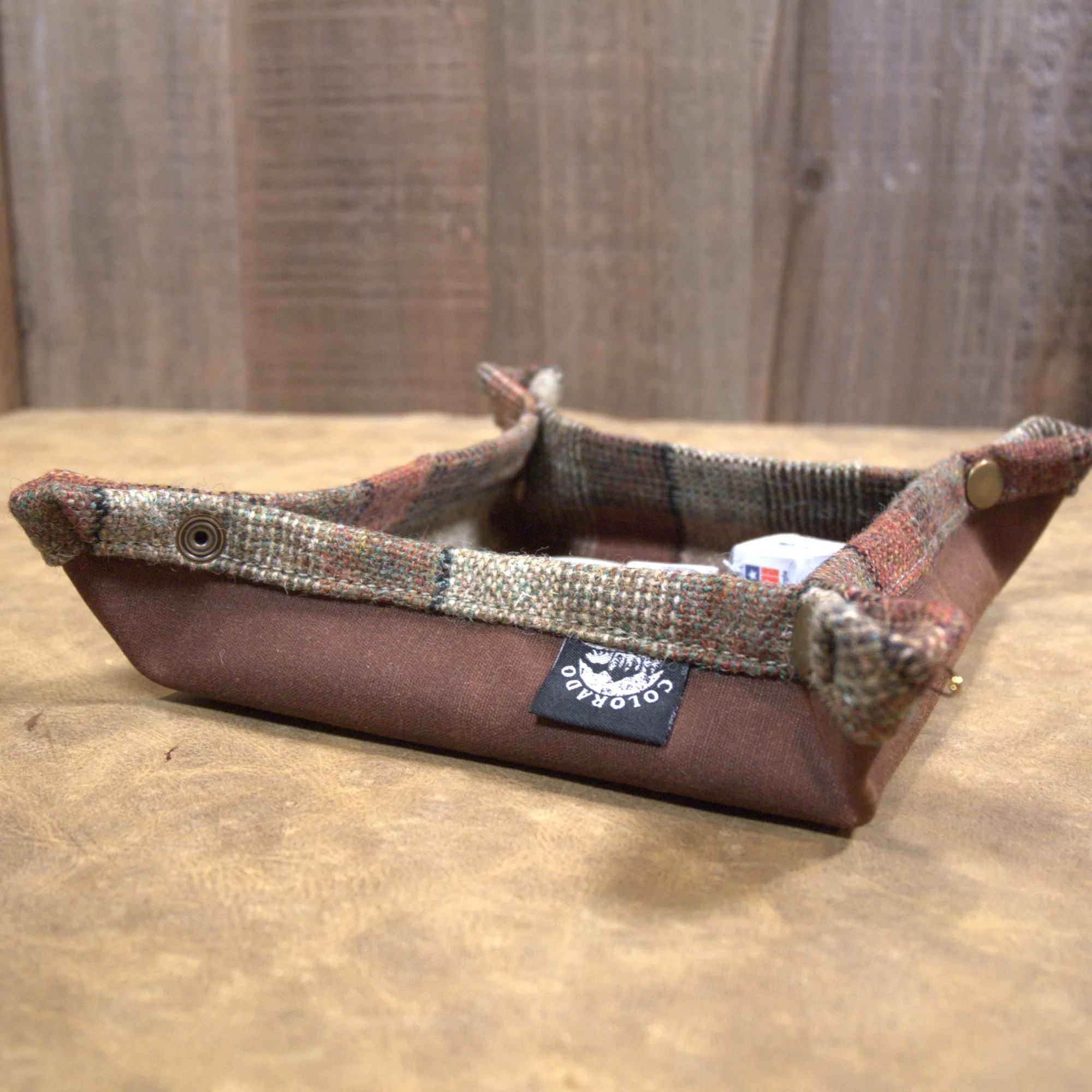 Medium 100% Wool Tartan Lined Lined Waxed Canvas Desk Caddy Organinzer Tray Butler
